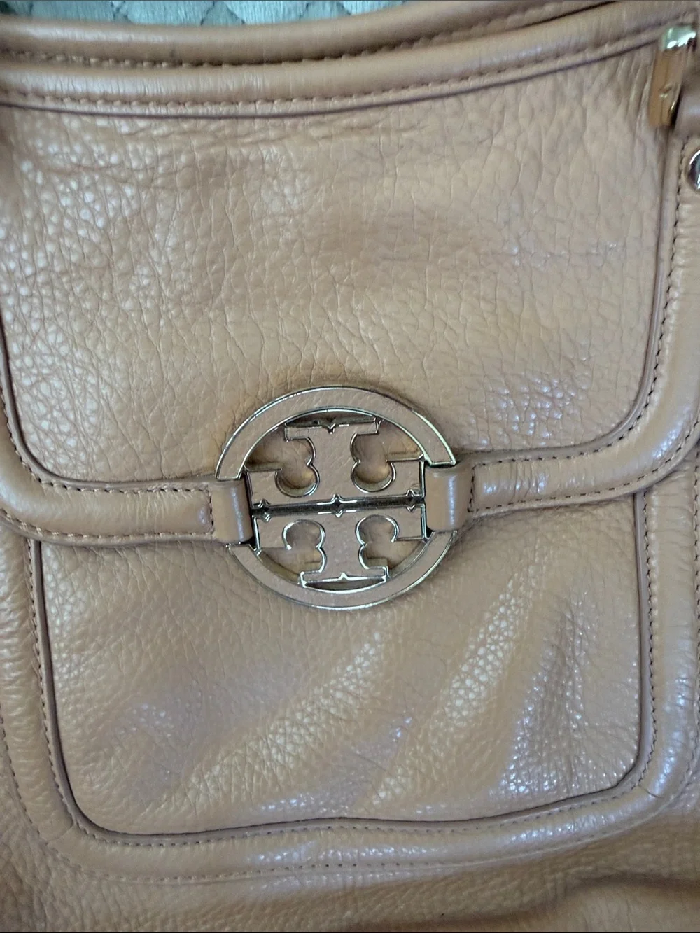Tory Burch Tan Pebbled Leather Tote with Logo Emblem